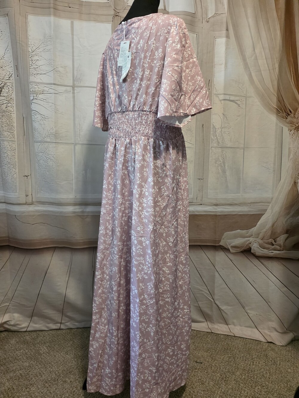 Women's Pink Floral Maxi Dress with Smocked Waist - Picture 3 of 6